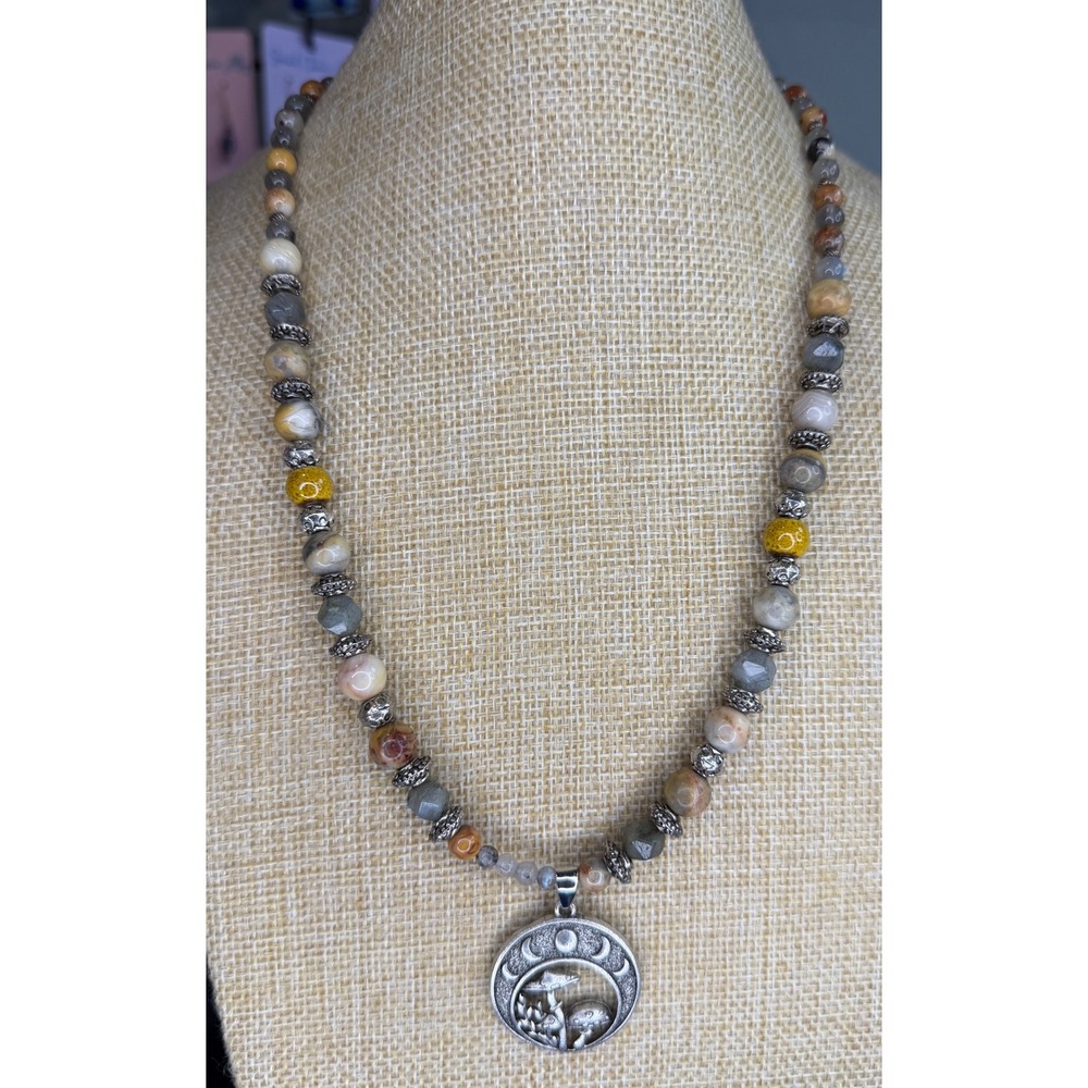 Bohemian Moon Mushroom Beaded Necklace Labradorite Agate Stone Silver Pendant